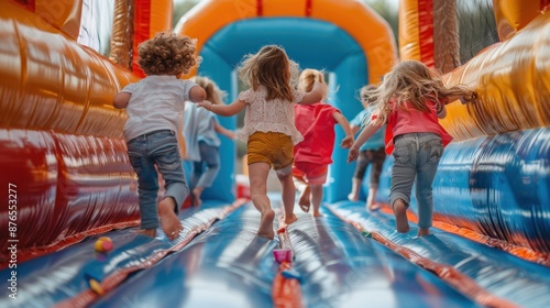 Children having fun playing jumping in a colorful bouncy castle or bounce house. People lifestyle photo. 