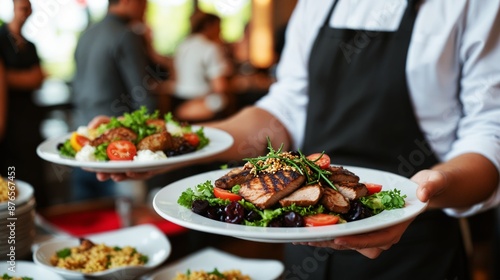 Waiter carrying plates with meat dishes at festive event - gourmet food service, catering, and fine dining