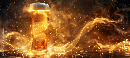 Golden beer in a frosty glass surrounded by glowing lights and smoke, creating a festive and refreshing atmosphere.