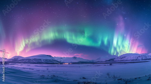 Aurora Arc arc of green and purple light stretching across the night sky, Ai generated Images