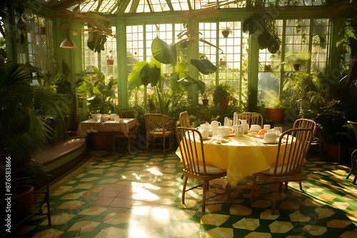 A sunny breakfast in a green conservatory with yellow tablecloth and wooden chairs, perfect for a relaxing morning. 