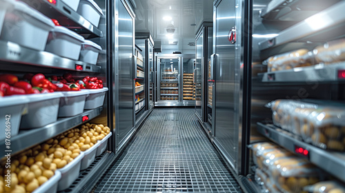 Industrial refrigeration chamber with organized food storage. Shelves stocked with various perishables. Refrigeration chamber for food storage