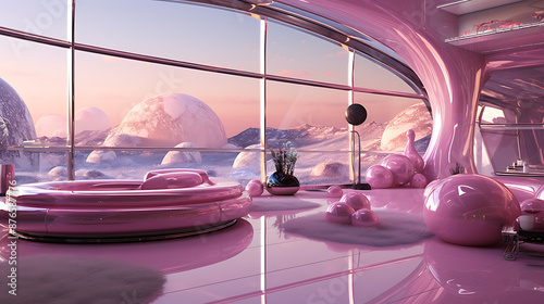 Futuristic pink living room with panoramic view evokes a sense of luxury and escapism. 