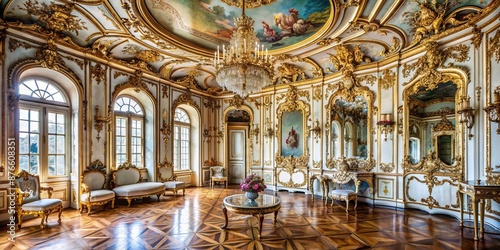 beautiful Rococo-style room with intricate carvings, gilded furniture, and ornate ceiling decor., style, intricate, rococo, beauty
