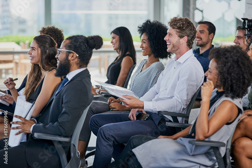 Corporate, development and seminar with business people in conference room for learning or training. Education, event or workshop with man and woman employee group in audience or crowd at office