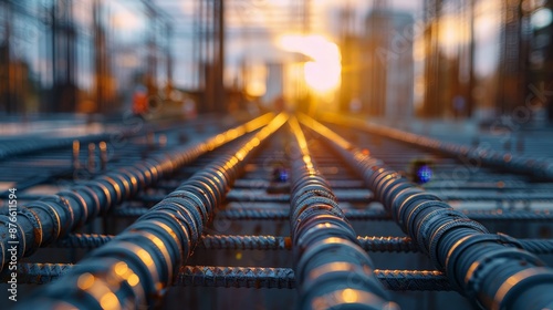 Strong Reinforced Steel Bars at Construction Site with Blurred Building Framework Background