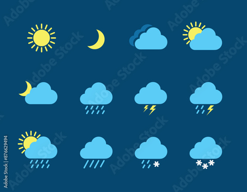 Set of weather icons flat vector design , Contains symbols of the sun, clouds, snowflakes, wind, rainbow, moon and much more flat vector weather and meteorology for mobile and web application