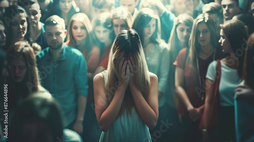 A woman is crying in front of a crowd of people