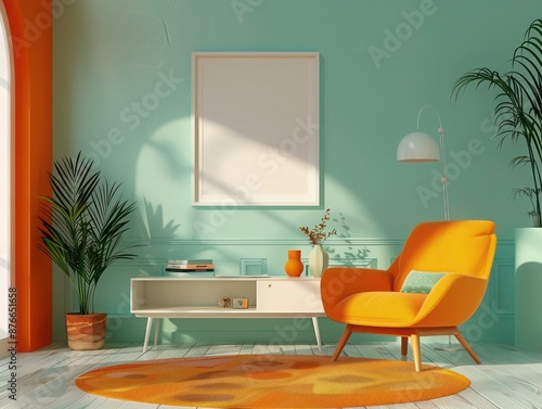 Stylish and cozy Mid Century modern living room showcasing modern inspired furniture and a single blank white portrait poster frame