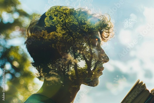 Double exposure of a young man and trees, blending nature and human presence in a serene and artistic composition.