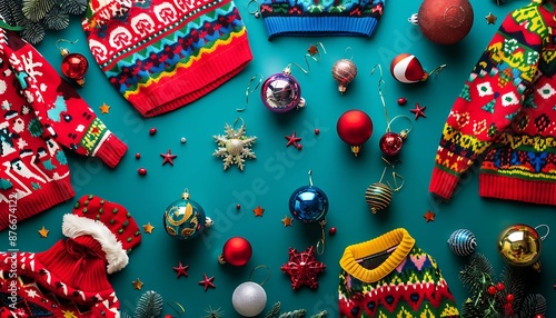 festive national ugly christmas sweater day decorations in vibrant flat lay composition