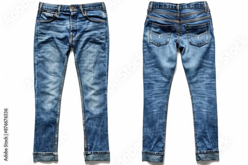 A front and back view of blue denim jeans, showcasing their classic style and worn texture, on a plain white background.