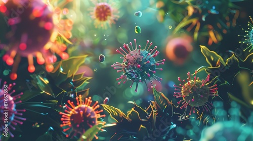a digital illustration exploring the lifecycle of a virus, from its entry into a host cell to its replication 