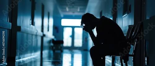 Hospital Vigil, Silhouette of Man in Tense Hospital Hallway Outside Operating Room