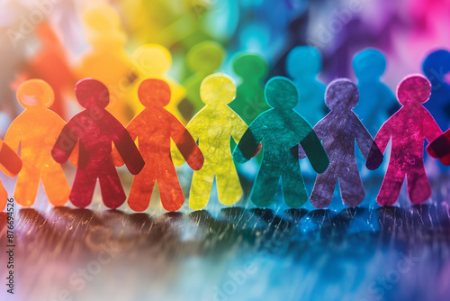 Des gens de toutes les couleurs se tenant la main, esprit d’entreprise inclusif valorisant la dignité et le respect de tous les individus Groupe de figurines en papier multicolores formant une chaîne