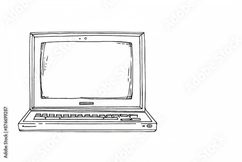 Mock-up dessin en noir et blanc d'un ordinateur portable, laptop, avec un écran vierge, minimaliste et épuré, fond blanc espace négatif copyspace