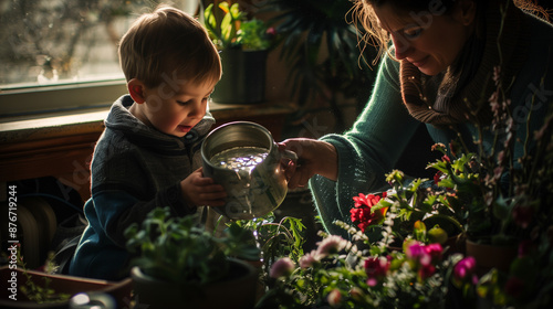 boy pouring water on flowers with his mother ,canon eos r3, 50mm,good lighting, megapixel cinematic lighting,open view --ar 16:9 --style raw --stylize 50 ai generated images