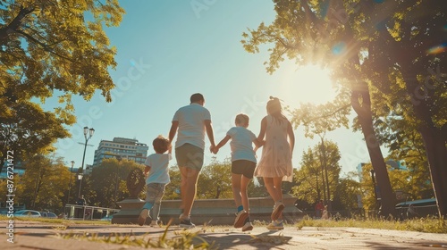 A close-up view from behind of a family walking hand in hand on a sunny day, children pointing at interesting sights, parents laughing and guiding them, bright light illuminating t