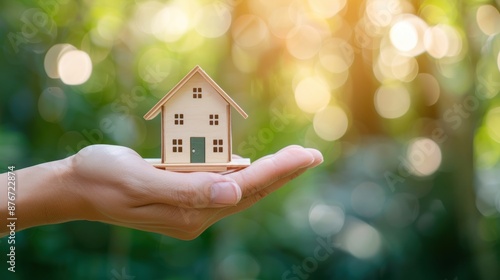 Hand holding a small house model, clear background, symbolizing real estate investment and homeownership, vibrant and detailed