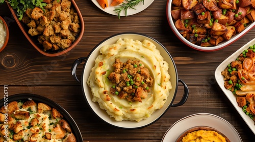 Overhead view of a Thanksgiving dinner spread with mashed potatoes, stuffing, and other side dishes.