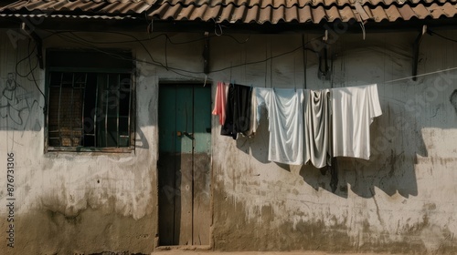 Depiction of an abode in an economically deprived area, highlighting the struggle with poverty and scarcity, a poignant scene of hardship