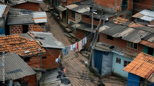 Impoverished neighborhood, showing dilapidated homes and struggling families, capturing the harsh reality of poverty and need