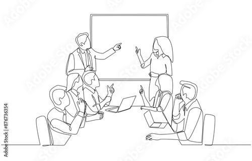 Continuous one line drawing of businesspeople having marketing plan discussion in conference room, brainstorming about project concept, single line art.