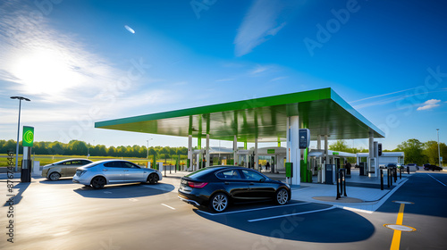 Daytime view of a busy BP Petrol Station with luminous green branding, strategically placed for customer convenience