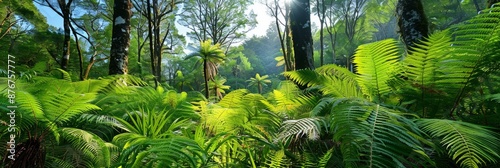 Silver Tree Ferns (Cyathea dealbata) thriving in a lush tropical rainforest environment