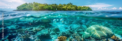 Underwater split shoot of a tropical sea with coral reef and green island on the surface