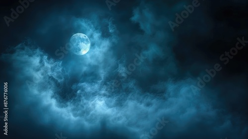 Full moon illuminating a dark, cloudy night sky with dense blue fog. Halloween background , nighttime ambiance, lunar light concept, gothic aesthetic, eerie atmosphere.