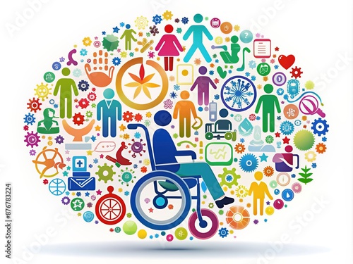 A vibrant and colorful arrangement of accessible symbols, wheelchair ramps, and diverse assistive technologies on a white background, promoting inclusivity and accessibility.