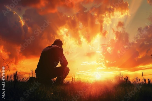 Christian prayer. Man on his knees praying on sunset background. Kneeling prayer to God. Worship and praise