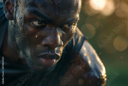 Close-up of an African man's determined face as he runs in a natural setting. His face is covered in sweat, reflecting his commitment to the activity