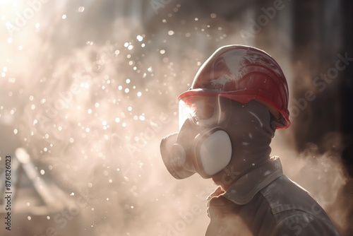 Worker wearing red safety helmet and respirator mask amidst airborne particles in dusty industrial environment. Occupational safety, industrial hazards, workplace safety, air pollution.