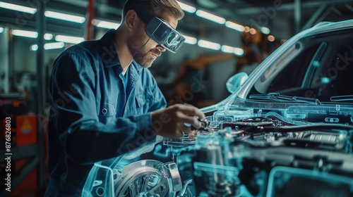 engineer with augmented reality glasses working on electric car engine with holographic display in high-tech factory