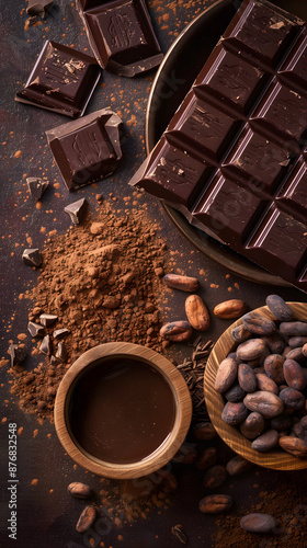 Top view of chocolate bar, cacao nibs, cacao powder, and cocoa beans on the dark table, showcasing the delicious chocolate. 