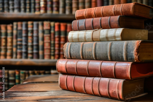 A stack of books on a table with a library background. The books are old and worn, and the library is filled with many books. Scene is nostalgic and peaceful