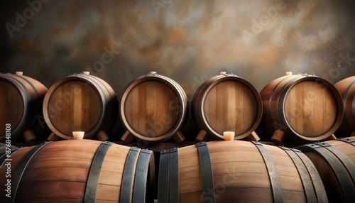 The image captures an arrangement of wooden barrels set against a textured wall, emphasizing the rustic and robust character ideal for aging fine spirits and liquids.