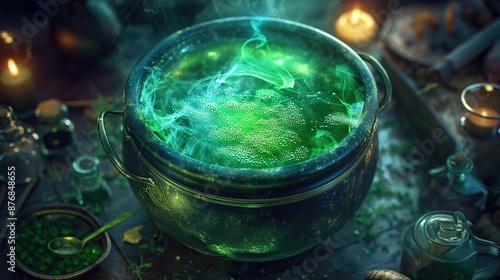 Mystical Green Potion in Black Cauldron with Candles and Leaves, Perfect for Halloween