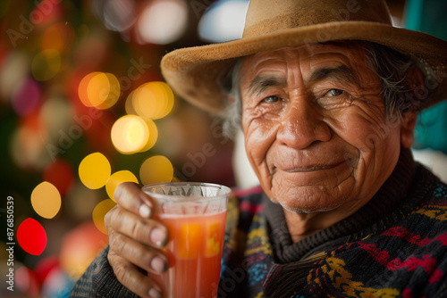 Hispanic senior man portrait holding a cup of fruit punch at traditional posada party for Christmas