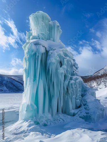 The ice fountain takes the shape of a stunning mound of blue ice. This natural formation impresses with its glacial beauty blending into the Arctic landscape.