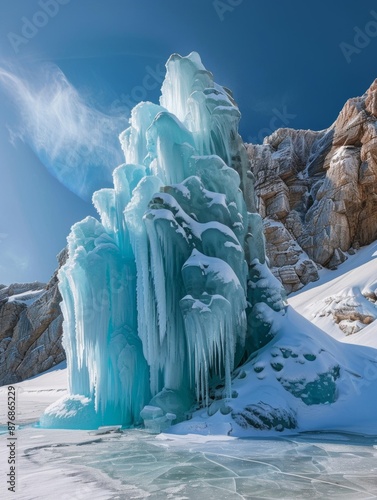 The ice fountain takes the shape of a stunning mound of blue ice. This natural formation impresses with its glacial beauty blending into the Arctic landscape.