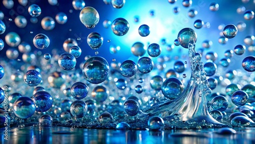 3D Rendering Of A Water Splash With A Blue Background With A Lot Of Bubbles Of Different Sizes.