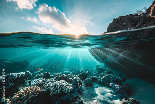 Sun rays through clear ocean water, illuminating vibrant coral reef