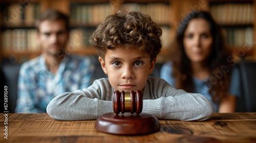 Cute child and mother at table with gavel of judge blurred in background, family law concept