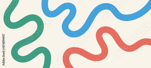 Abstract playful minimalistic background with wavy line. Backdrop with organic curvy curly stripe. Wave line art