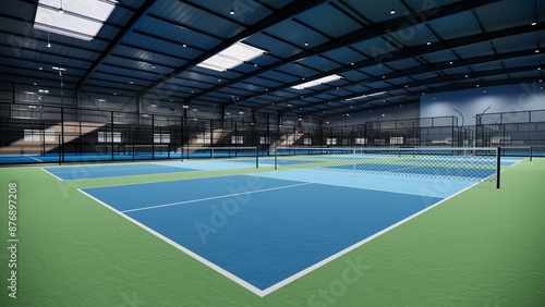 Empty pickleball tennis court with blue and green color