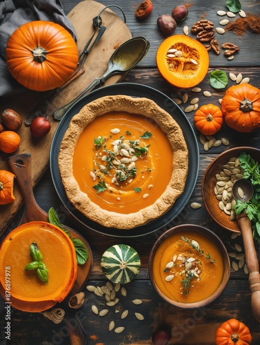 Autumn Pumpkin Soup and Pie on Rustic Wooden Table with Fresh Pumpkins, Seeds, and Herbs, Cozy Fall Meal