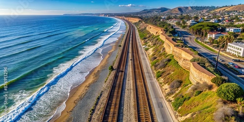 Aerial view of Amtrak train tracks along the coast in Del Mar, California, Amtrak, train tracks, scenic